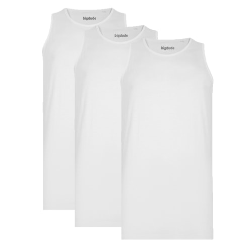 Three white plain tank tops grouped together.